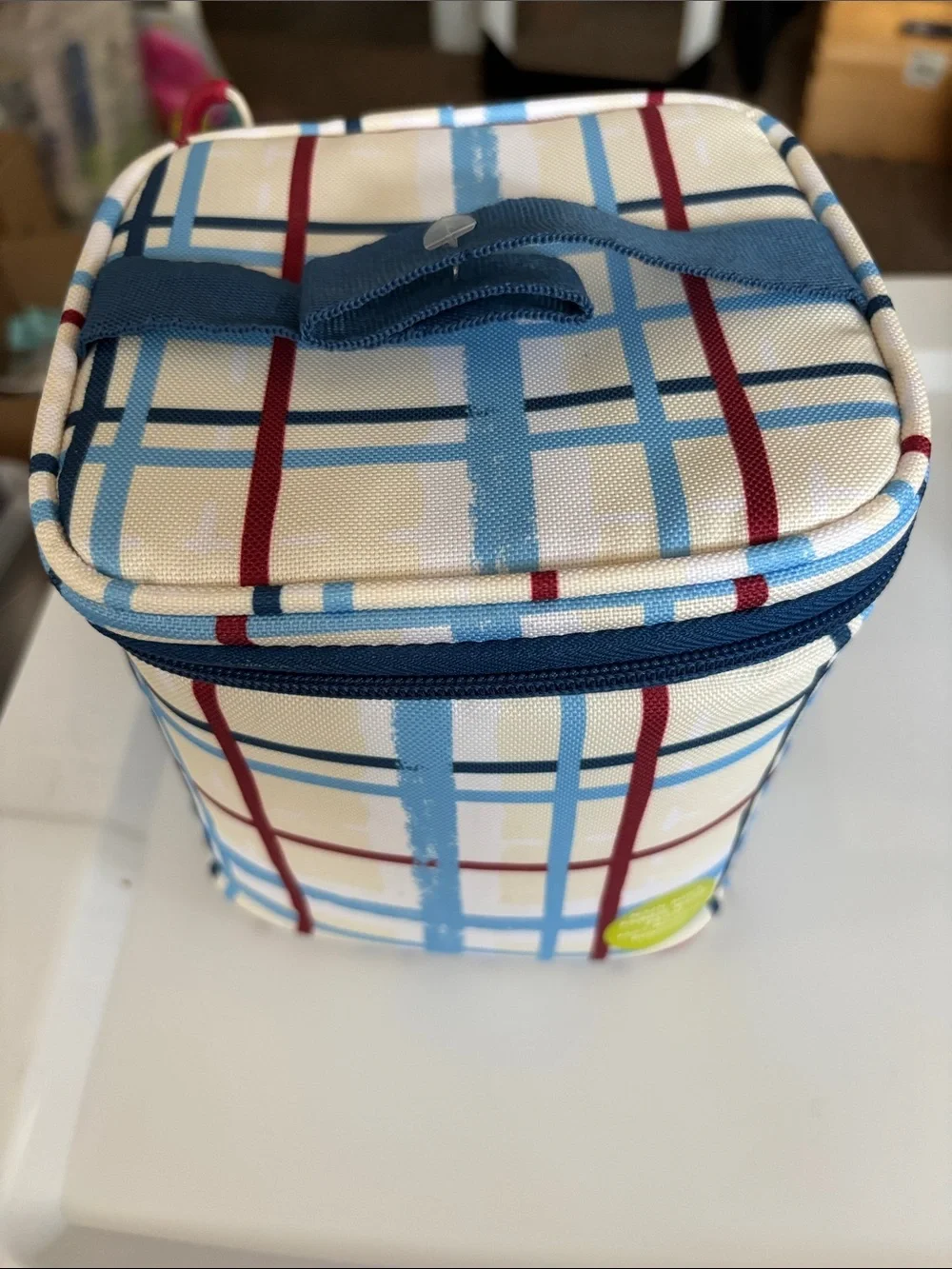 Insulated Plaid Lunch Cooler Tote - Navy, Light Blue & Burgundy